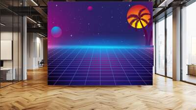 80s Retro Sci-Fi Background, Retro Futuristic Grid landscape of the 80`s.  Digital Cyber Surface. Suitable for design in the style of the 1980`s Vector illustration Wall mural